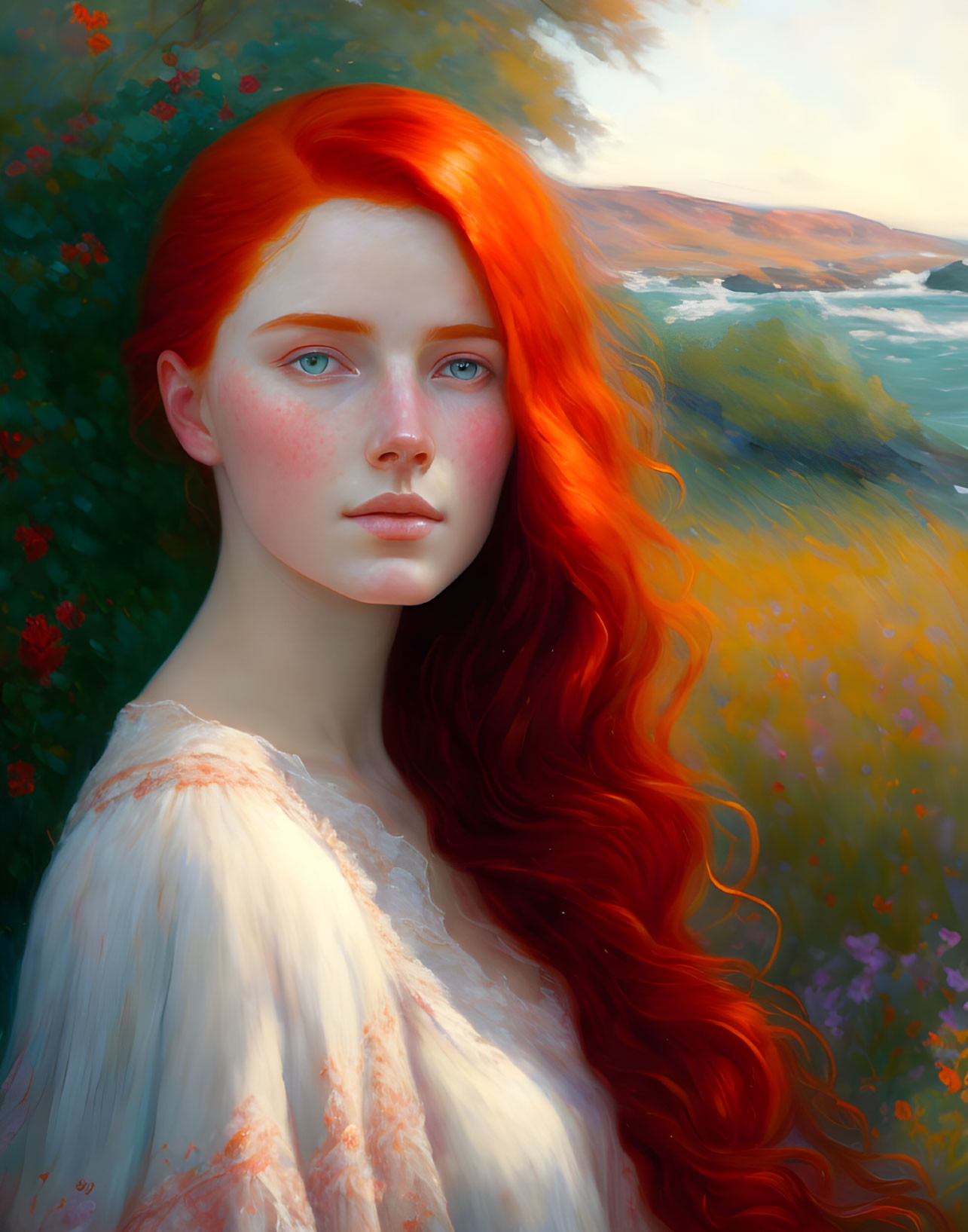 Portrait of Woman with Long Red Hair and Blue Eyes in Nature Setting