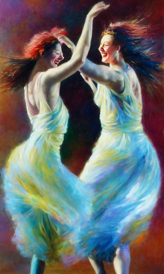 Two women dancing in yellow dresses against colorful background