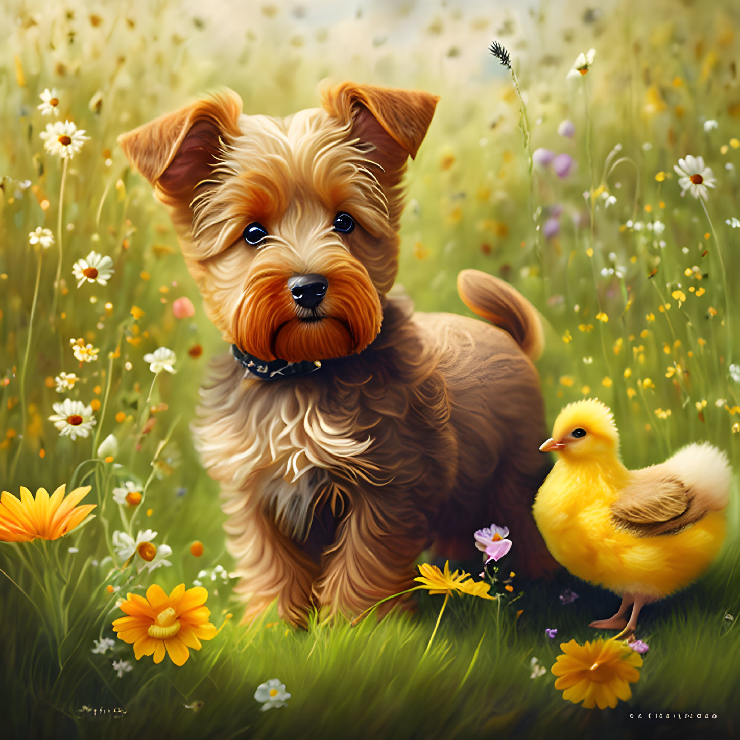 Brown fluffy dog and yellow duckling in wildflower field