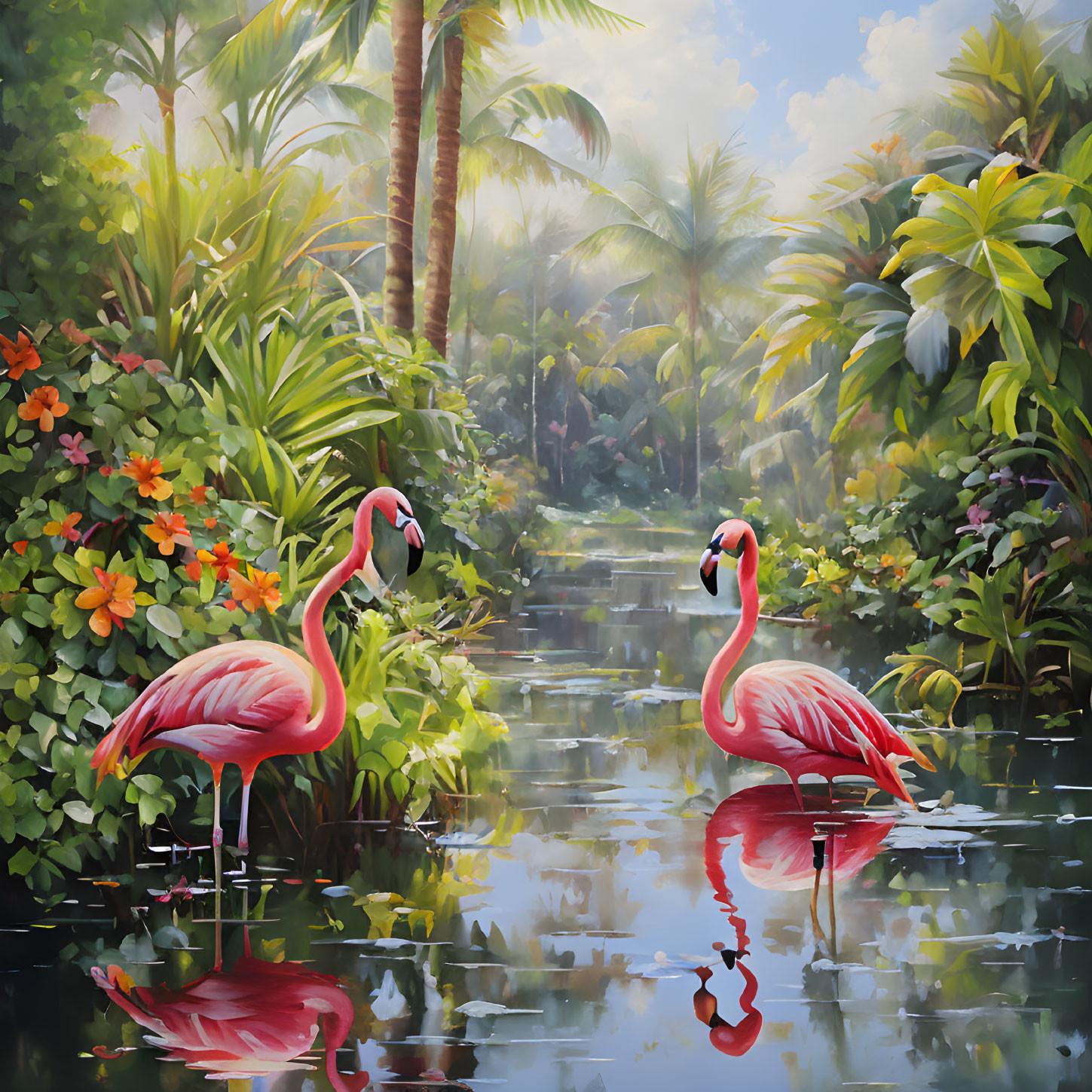 Flamingos in tranquil water with tropical foliage and vibrant flowers