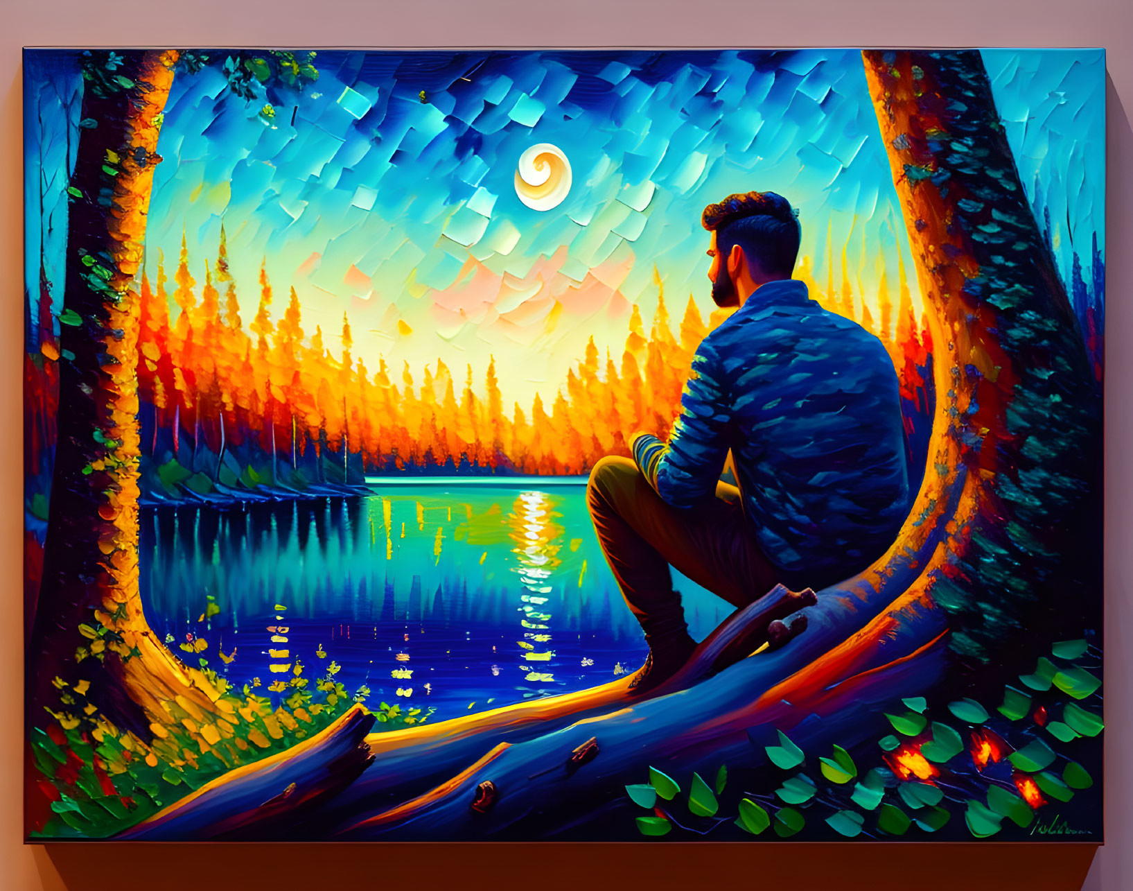 Person sitting on fallen tree gazes at vibrant forest painting at sunset