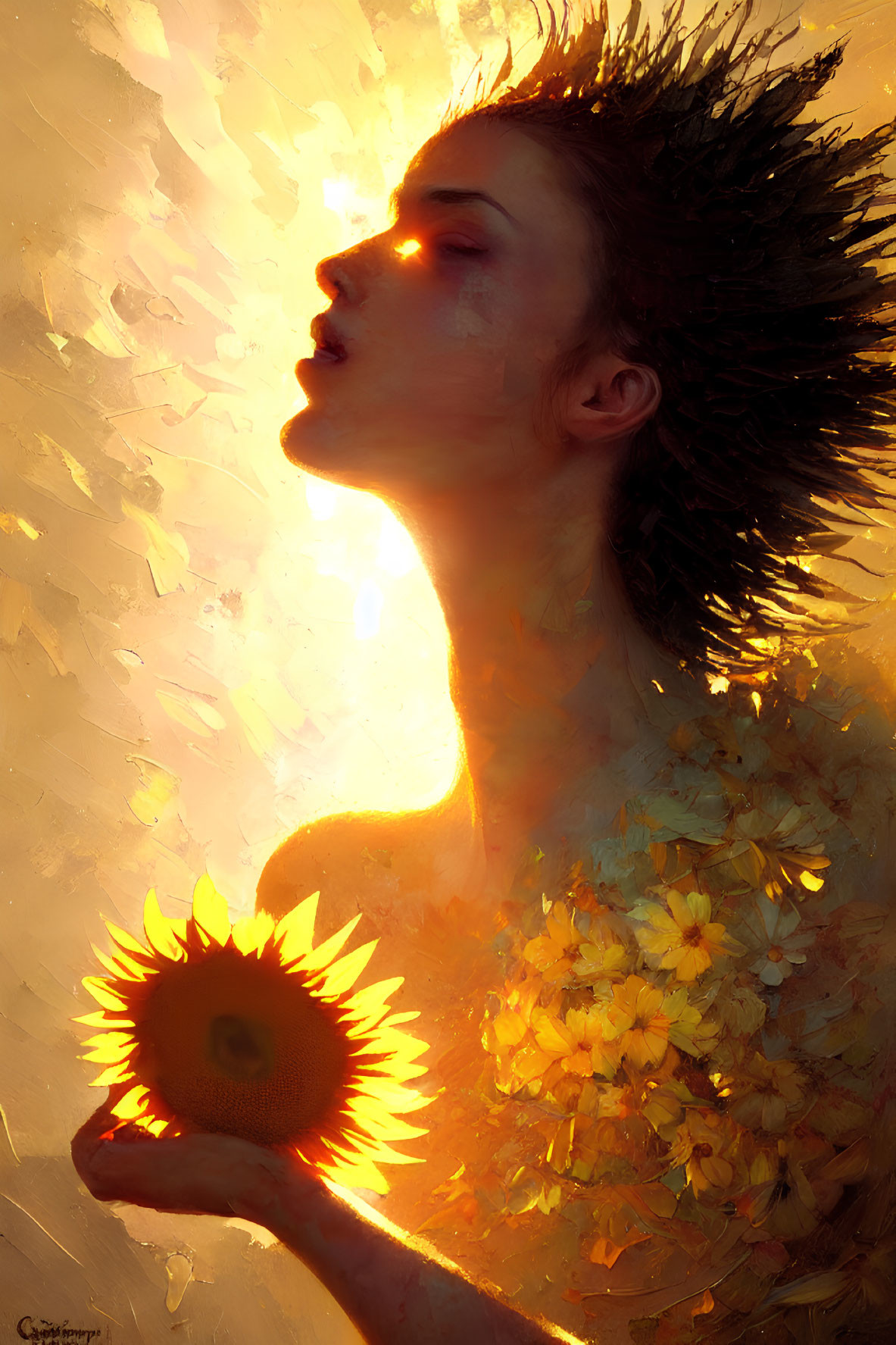 Digital painting of person with sun-kissed skin holding sunflower in golden glow.