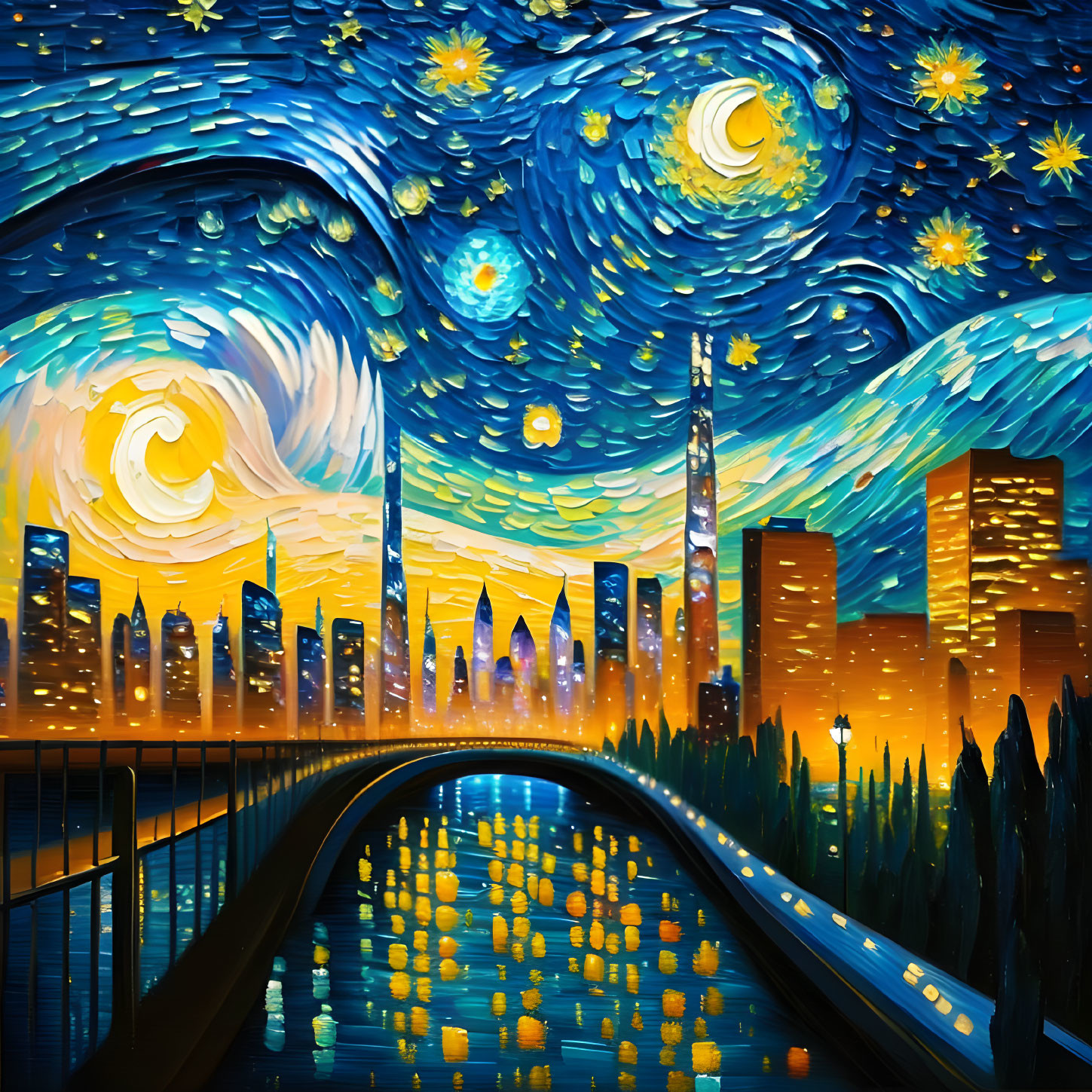 Cityscape with swirling skies and illuminated high-rises