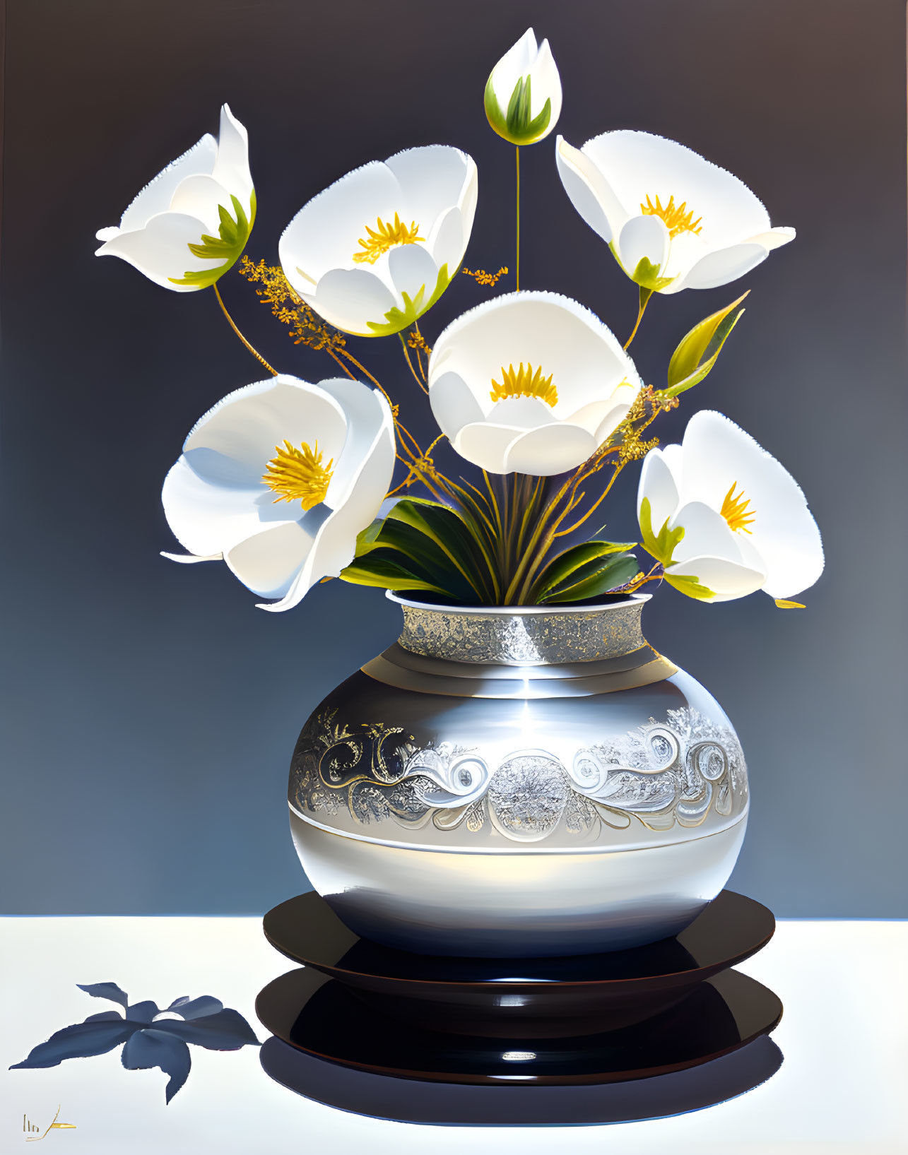 White tulip-like flowers in silver vase on black platform