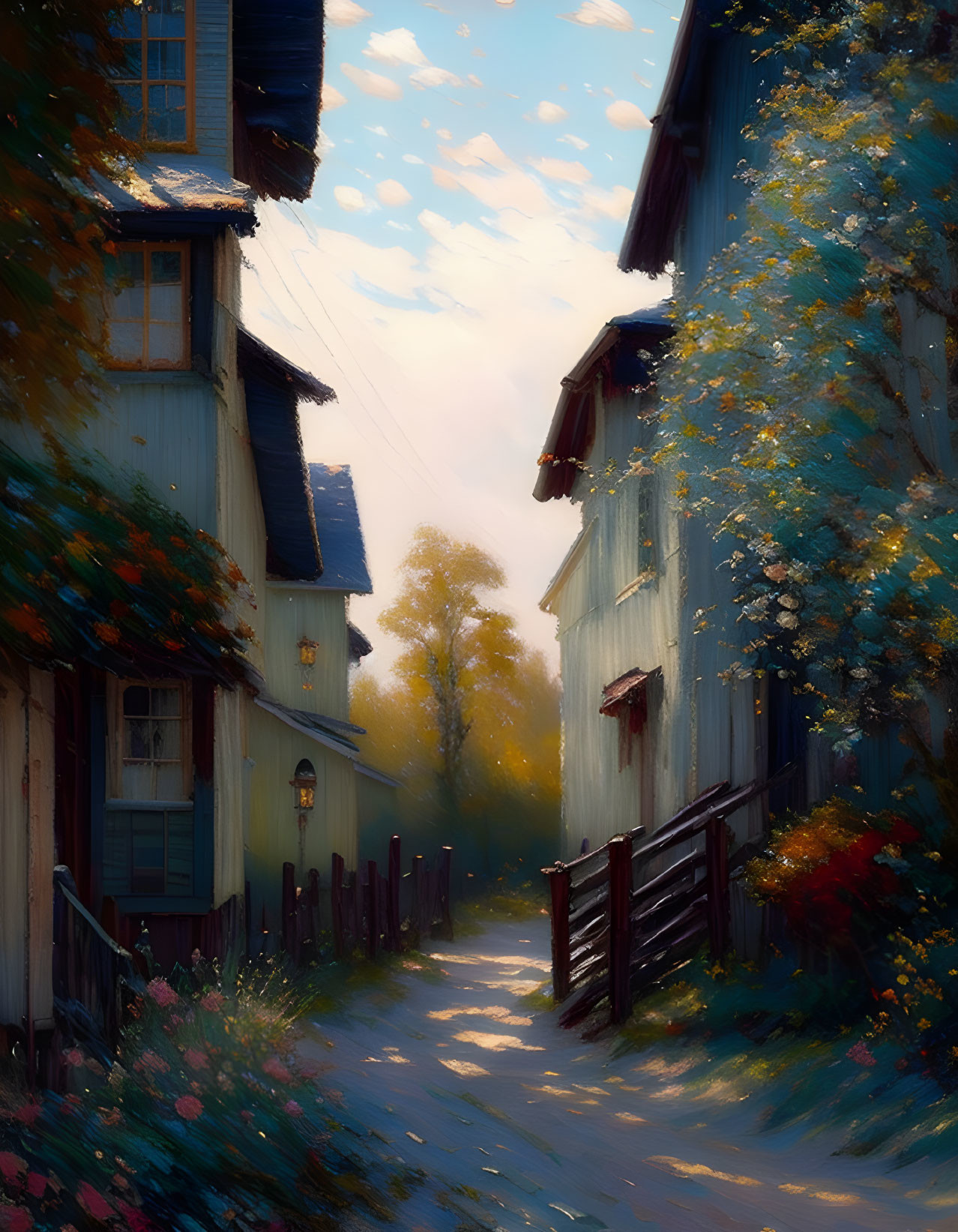 Tranquil sunlit path with quaint houses and blooming plants