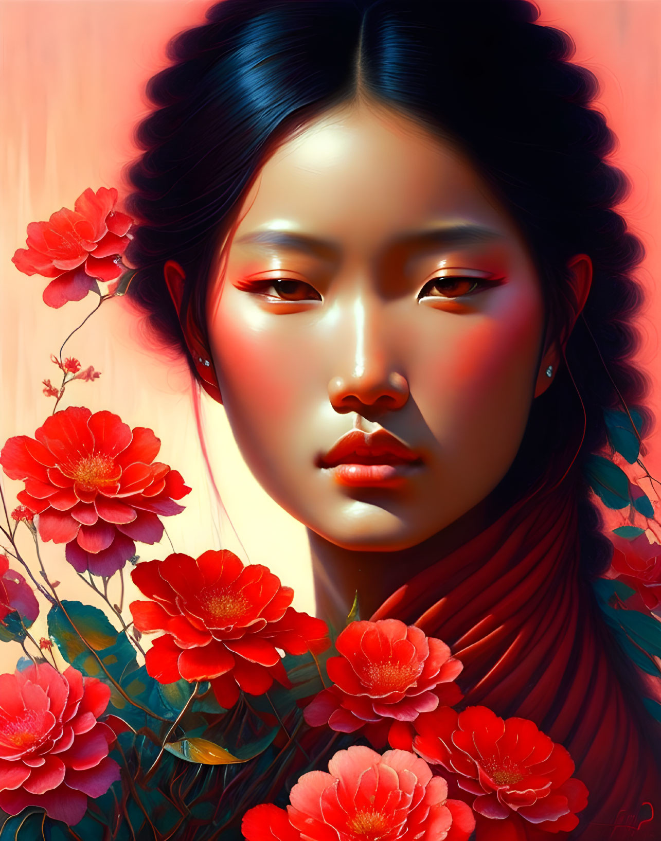 Digital portrait of woman with glowing cheeks and red flowers on coral background