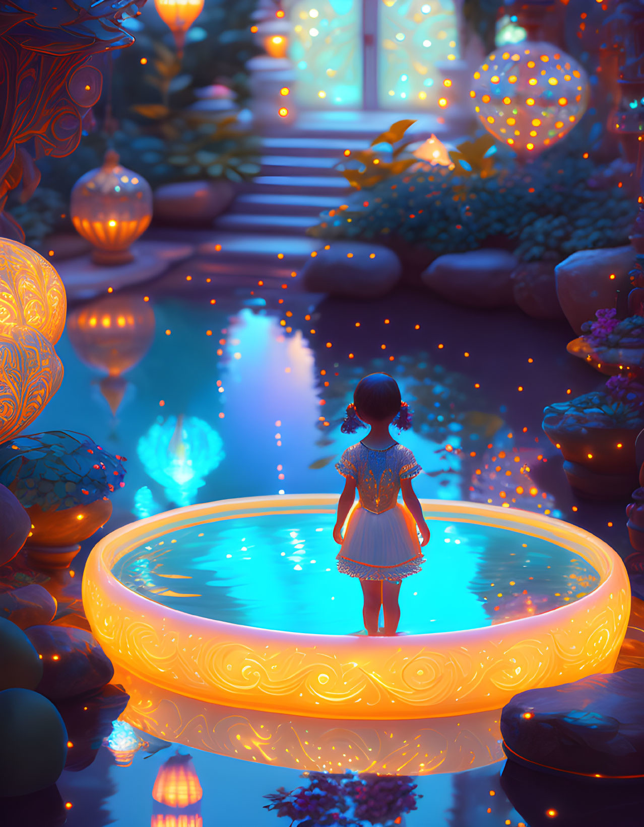 Child standing by luminescent pool on magical pathway with glowing orbs and lush flora