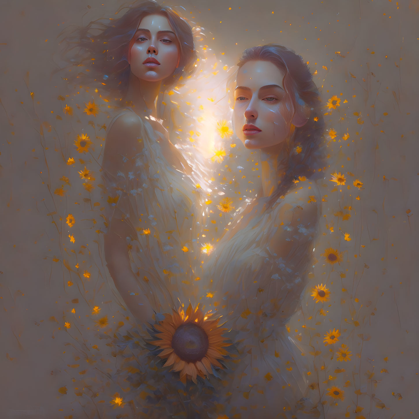 Ethereal women with golden daisies in dreamlike setting