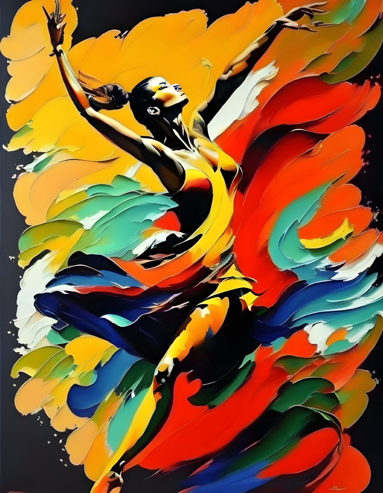 Colorful Abstract Painting of Dancer in Flowing Dress on Dark Background