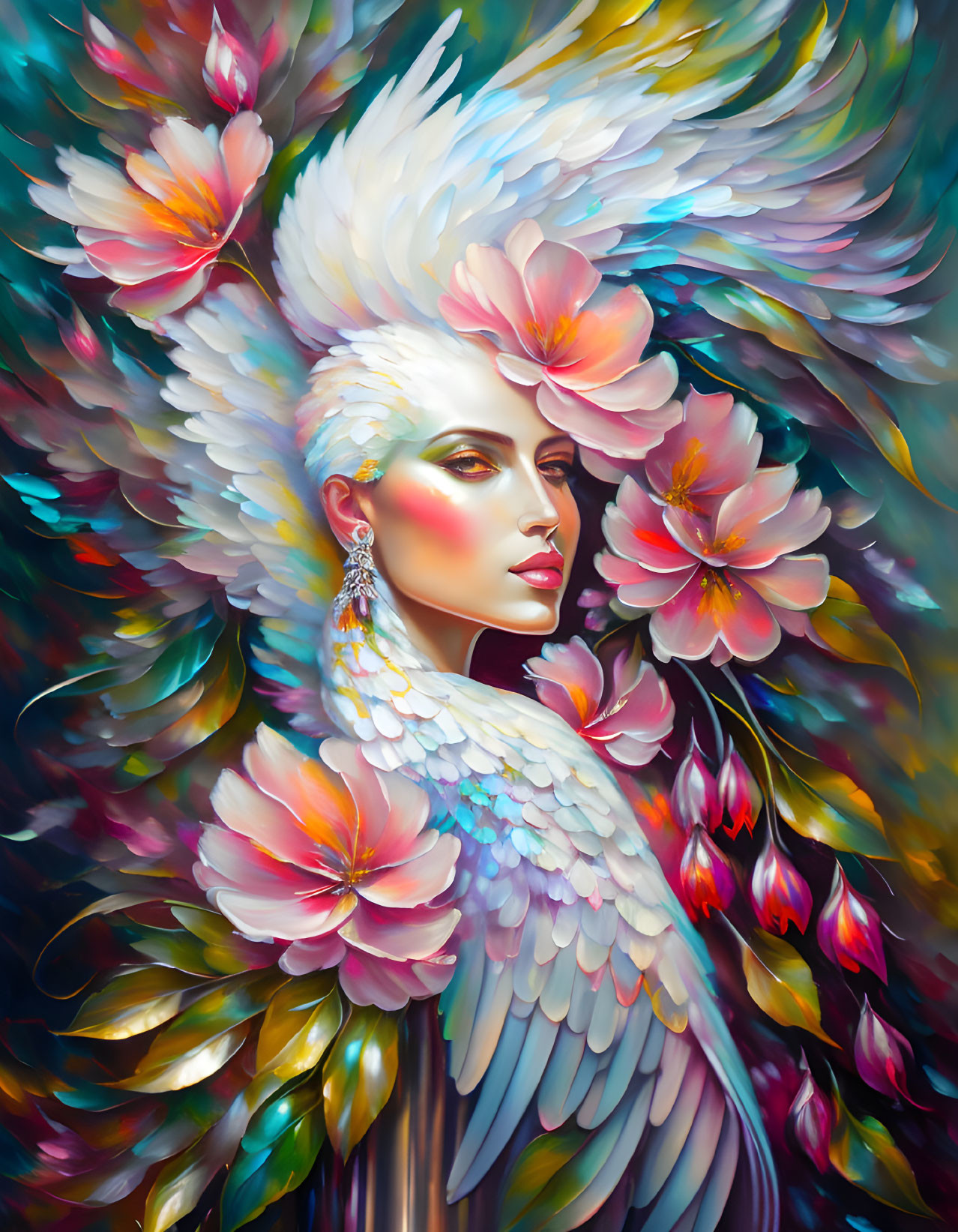 Colorful artwork of woman with bird-like features in floral setting