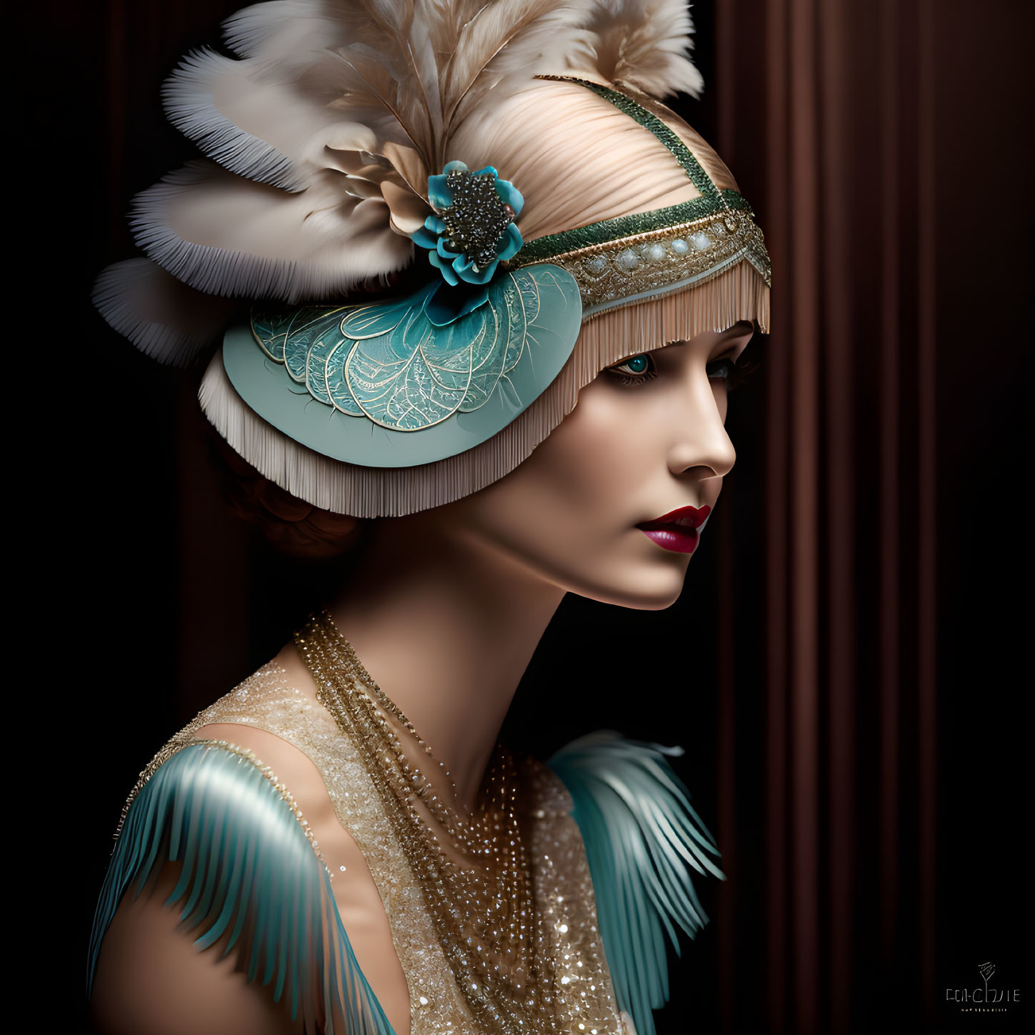 Mannequin showcasing 1920s flapper style with feathered headband and beaded dress