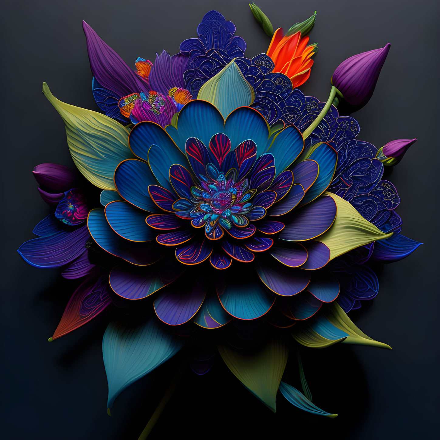 Colorful 3D floral arrangement with layered petals on dark background