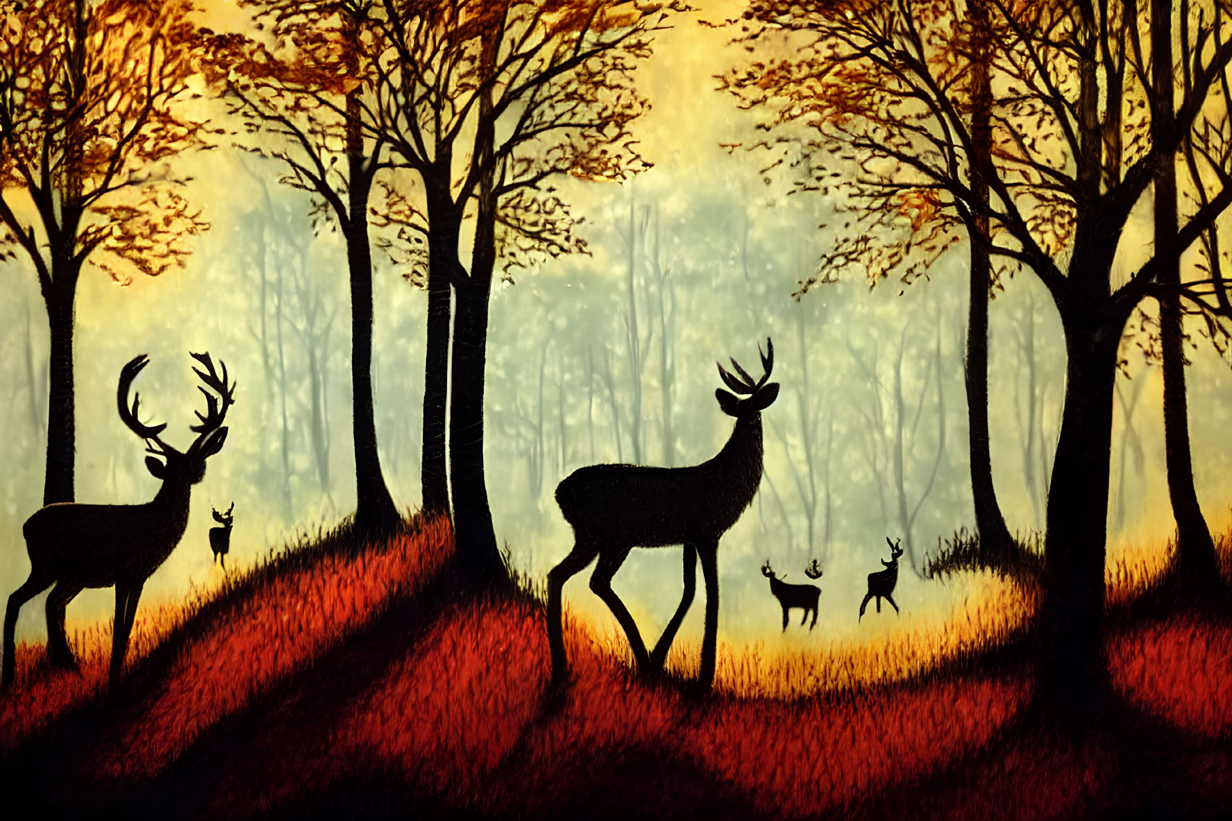 Tranquil forest scene with deer silhouettes at dusk