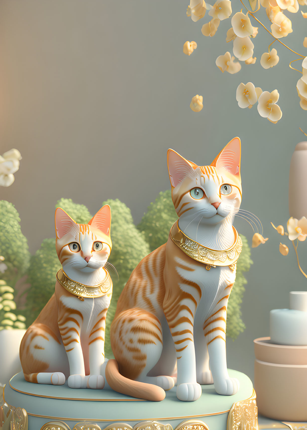 Orange and White Striped Cats with Golden Necklaces Surrounded by Flowers
