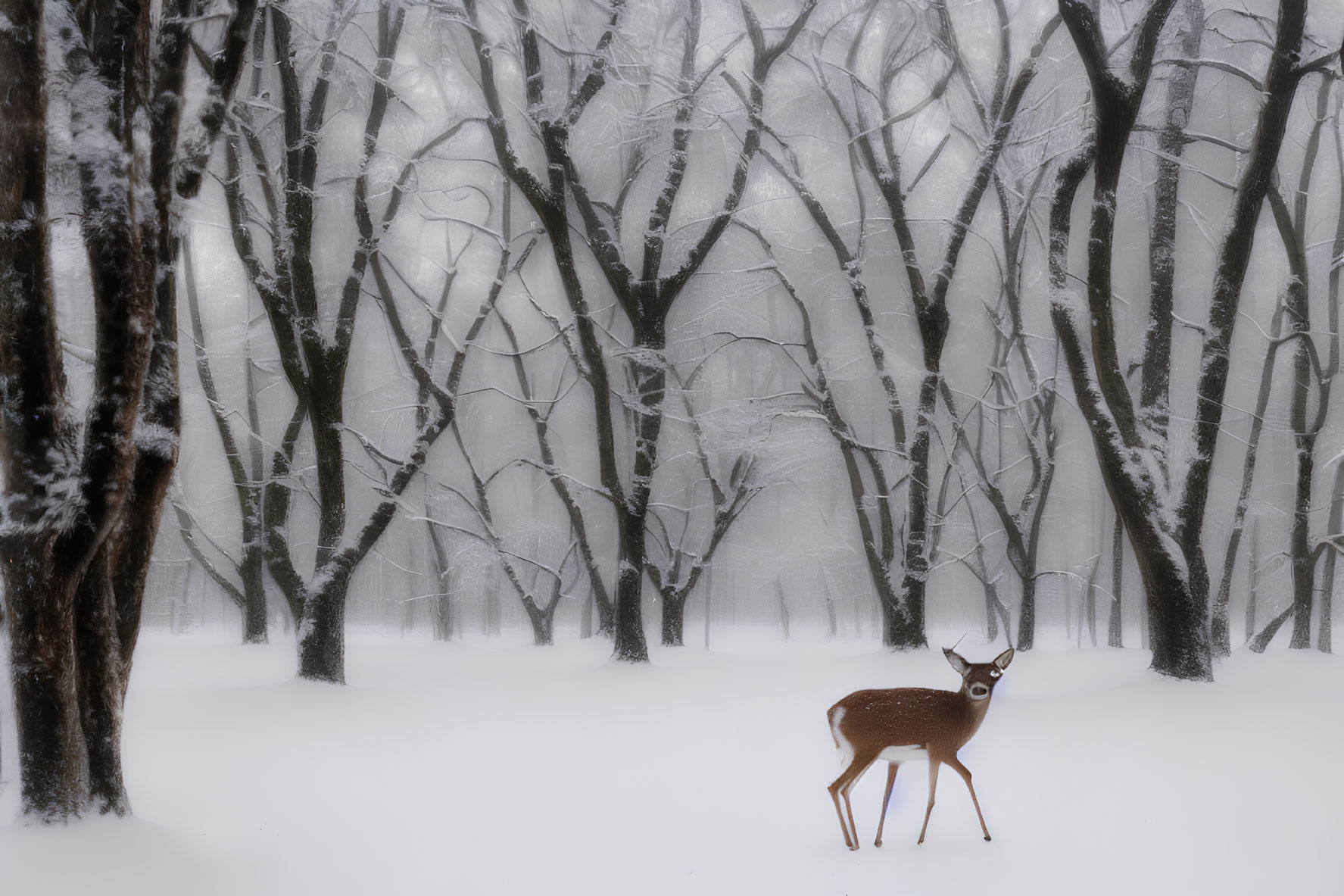 Snow-covered forest with solitary deer and frost-coated trees