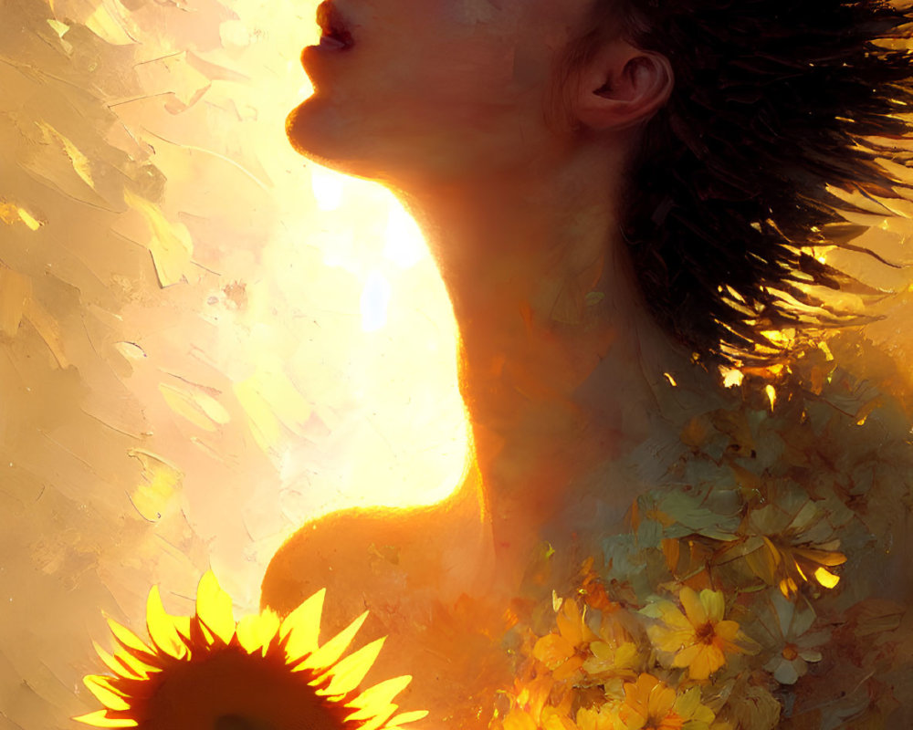 Digital painting of person with sun-kissed skin holding sunflower in golden glow.