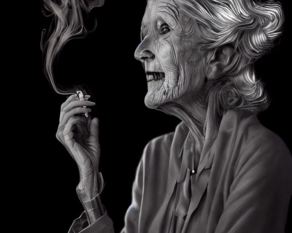 Elderly woman holding smoking object with skull smoke in black and white