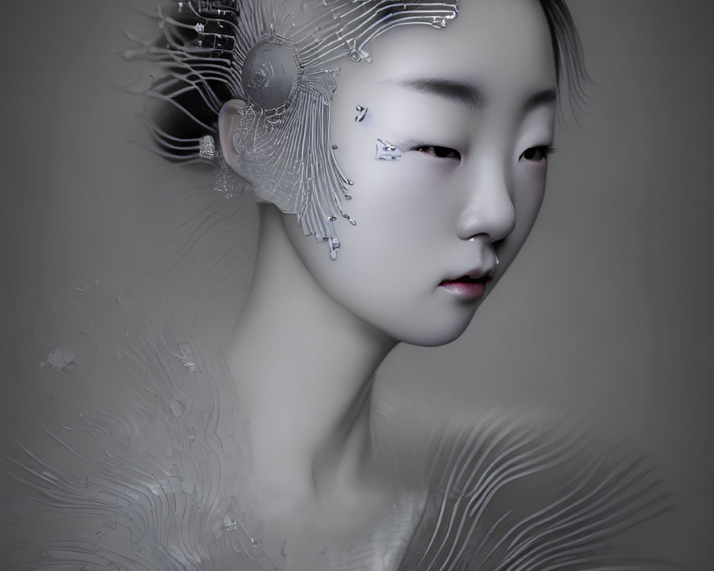 Monochrome digital art: person with futuristic headset and intricate skin patterns