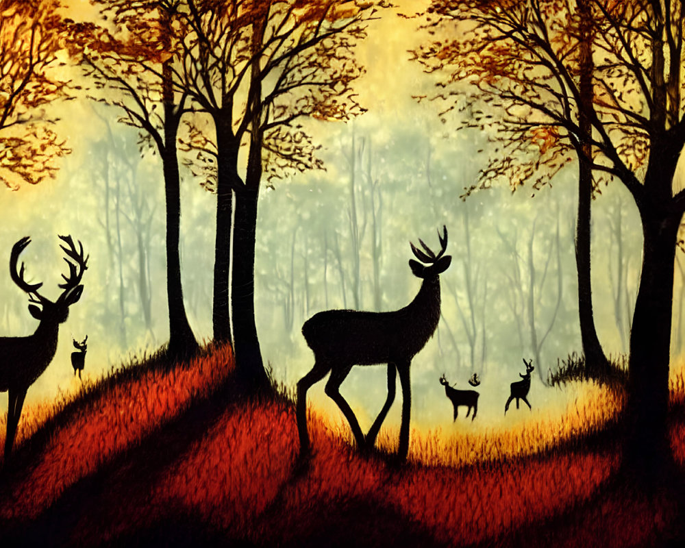 Tranquil forest scene with deer silhouettes at dusk