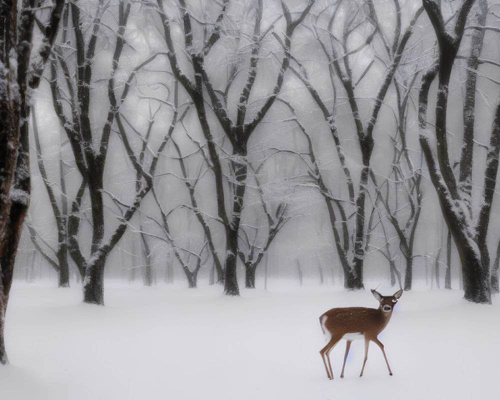 Snow-covered forest with solitary deer and frost-coated trees