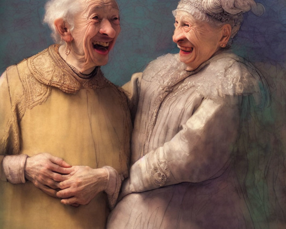 Elderly women laughing and embracing in gold and gray attire on textured background