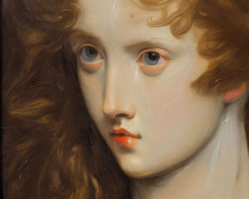 Portrait of a person with curly auburn hair and intense gaze