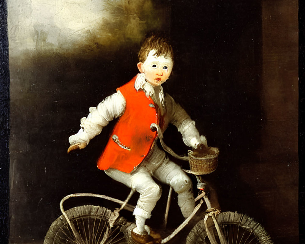 Young child on tricycle with chickens and cat in a painting