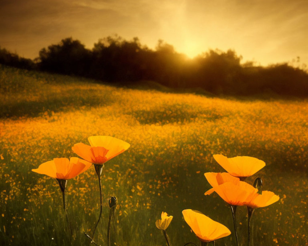 Vibrant orange poppies in golden sunlight at dusk or dawn