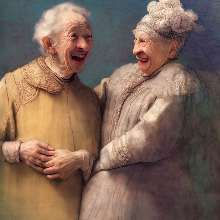 Elderly women laughing and embracing in gold and gray attire on textured background