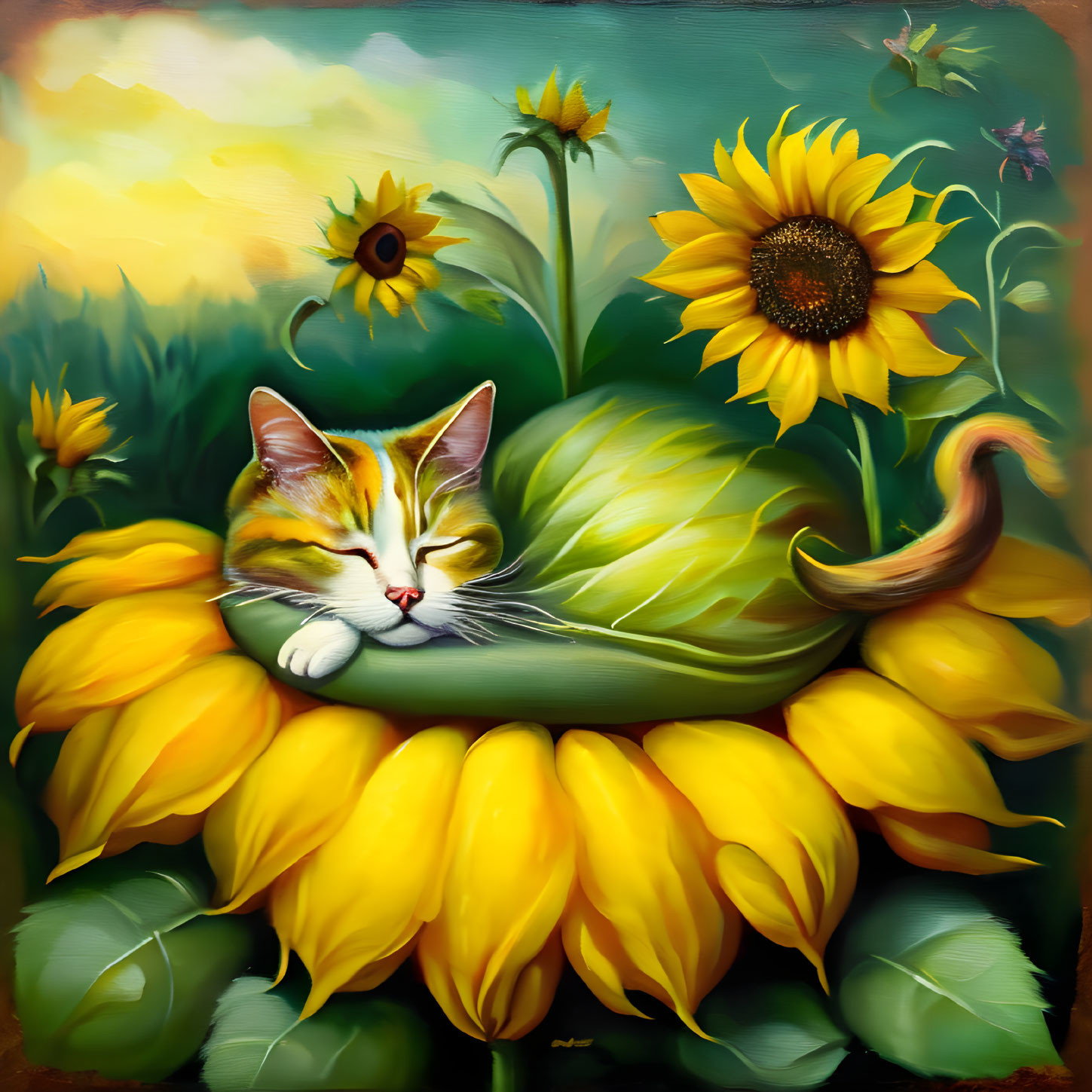 Vibrant calico cat napping on sunflower petals in a colorful painting