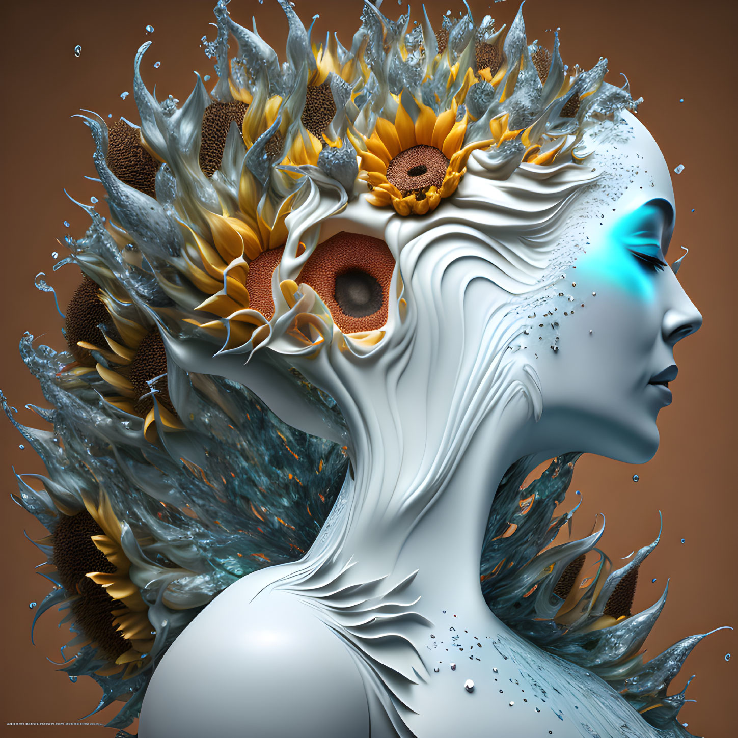 Surreal female figure with sunflower hair in profile view