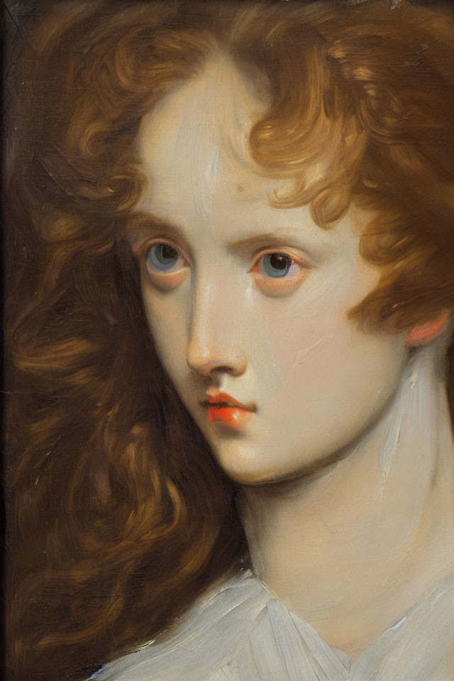 Portrait of a person with curly auburn hair and intense gaze