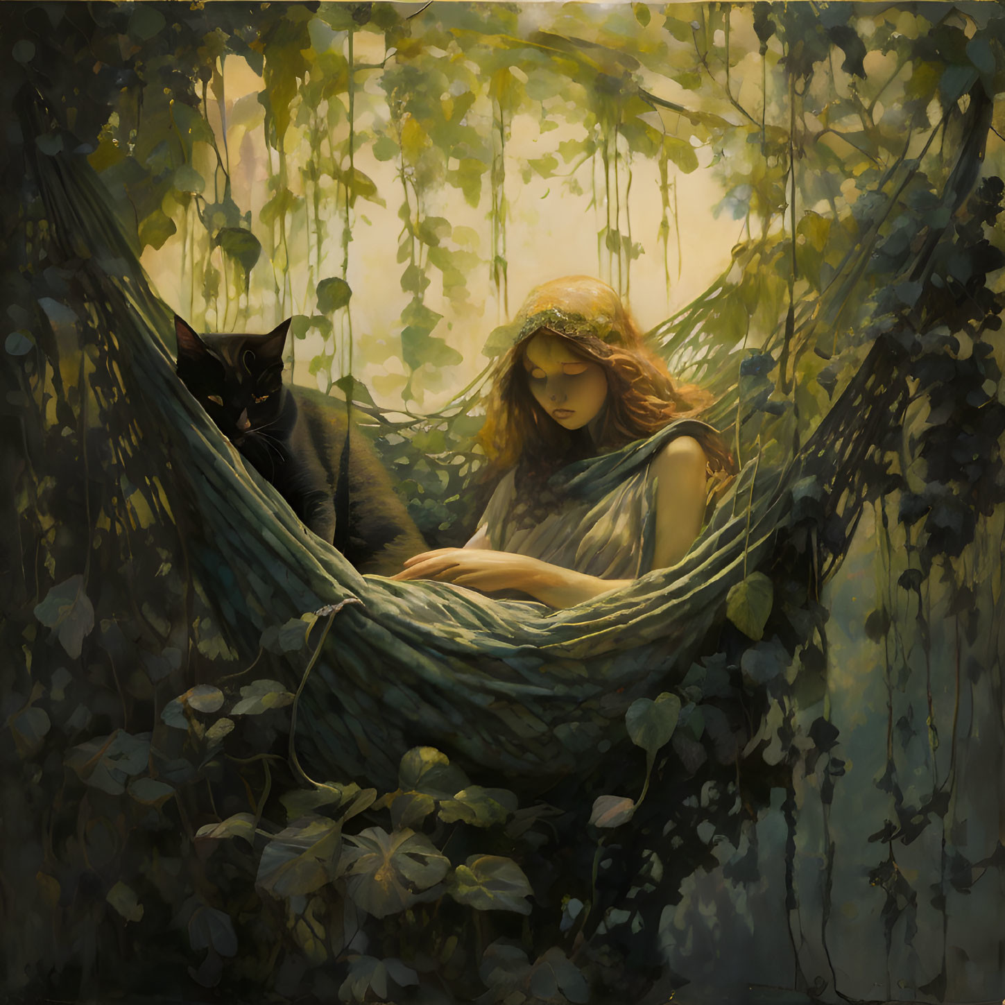 Red-haired woman and black cat in lush green hammock scene