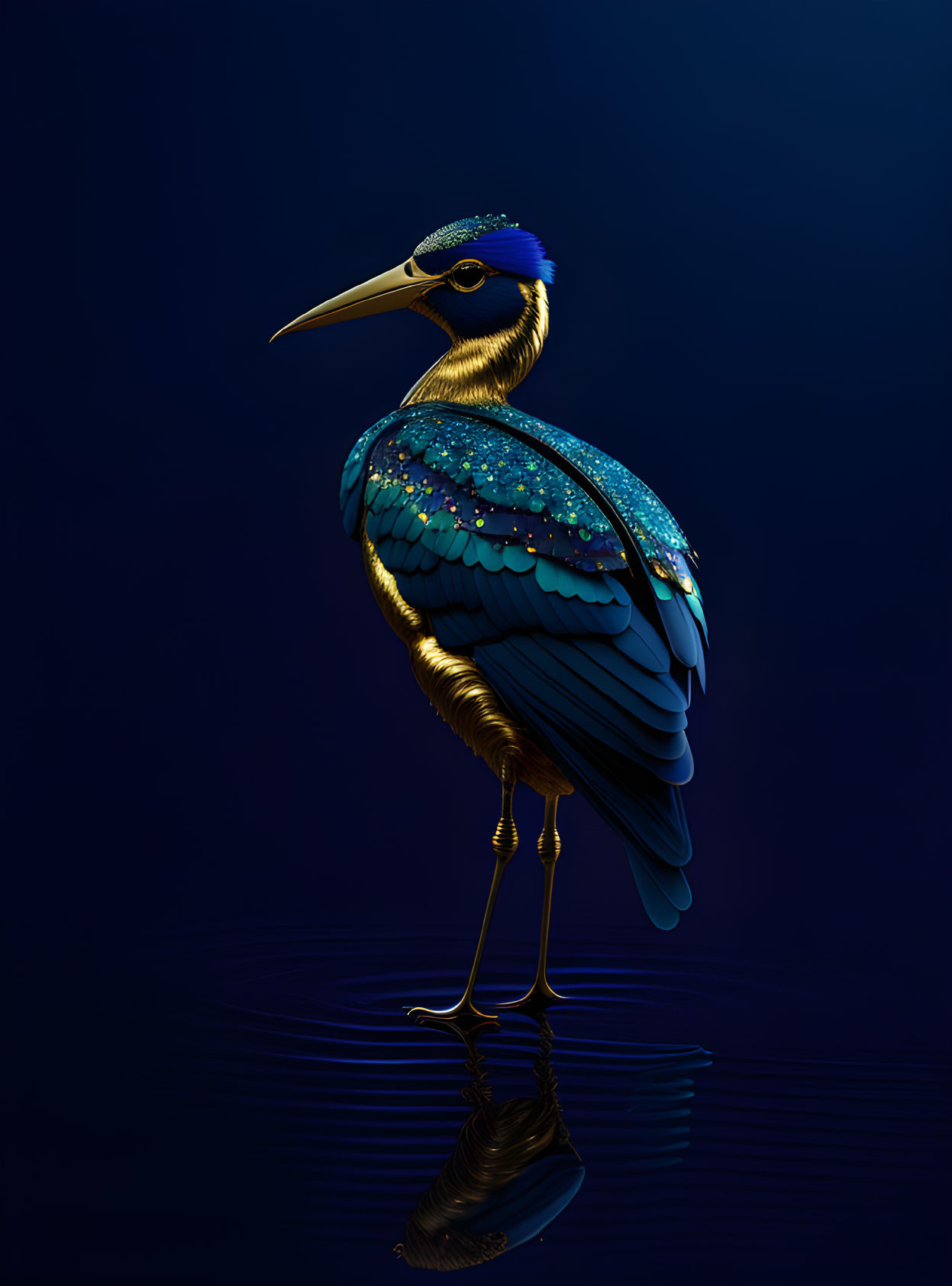 Stylized bird with blue and gold feathers on dark surface