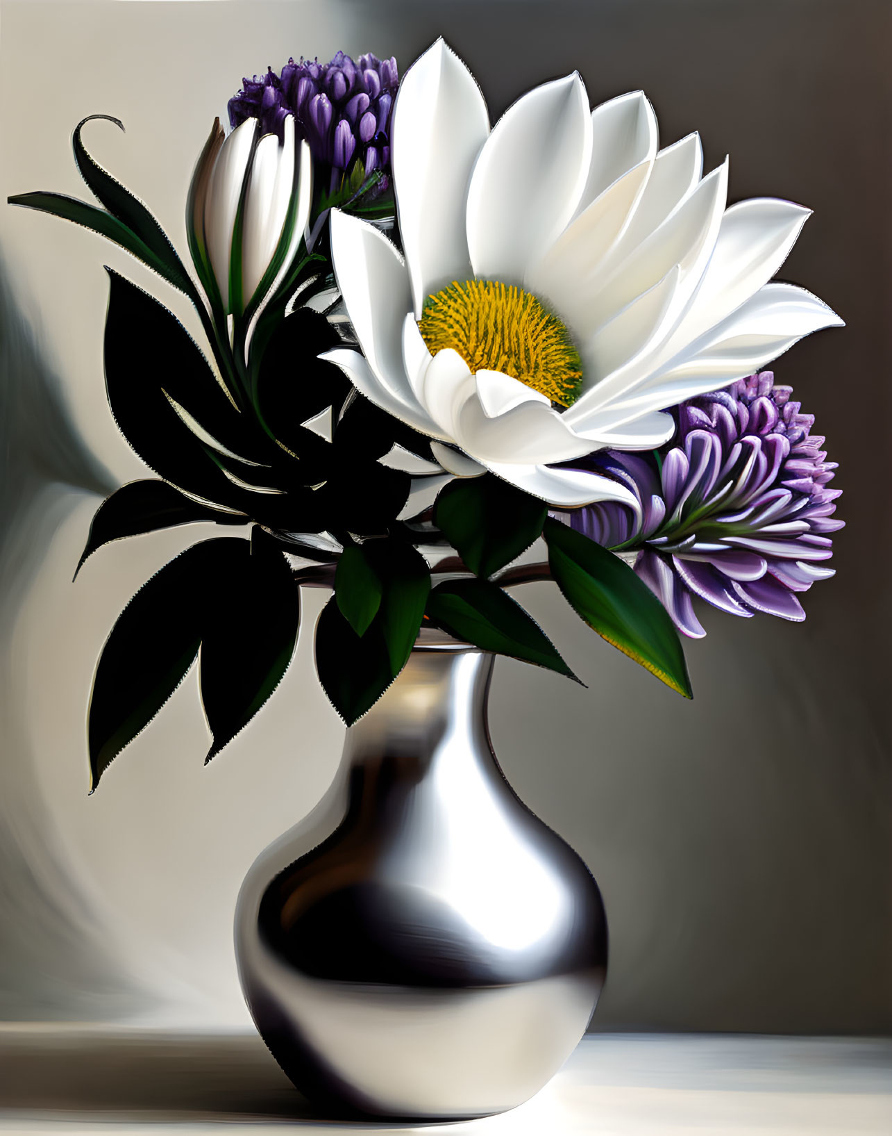 Silver vase with white and purple flowers on soft-focus backdrop