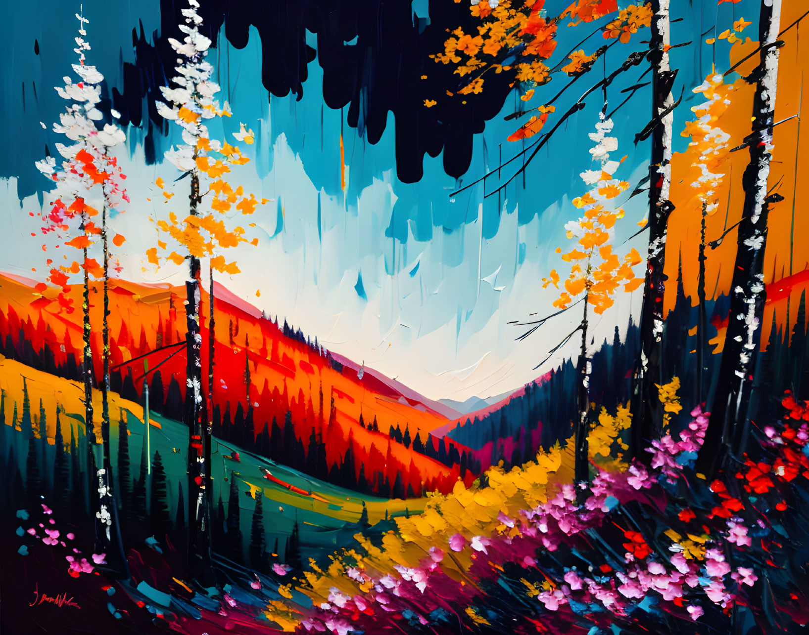 Colorful autumn forest painting with vivid blue sky & impressionistic strokes