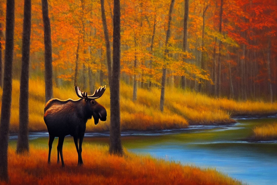 Moose in Vibrant Autumn Forest by Blue River