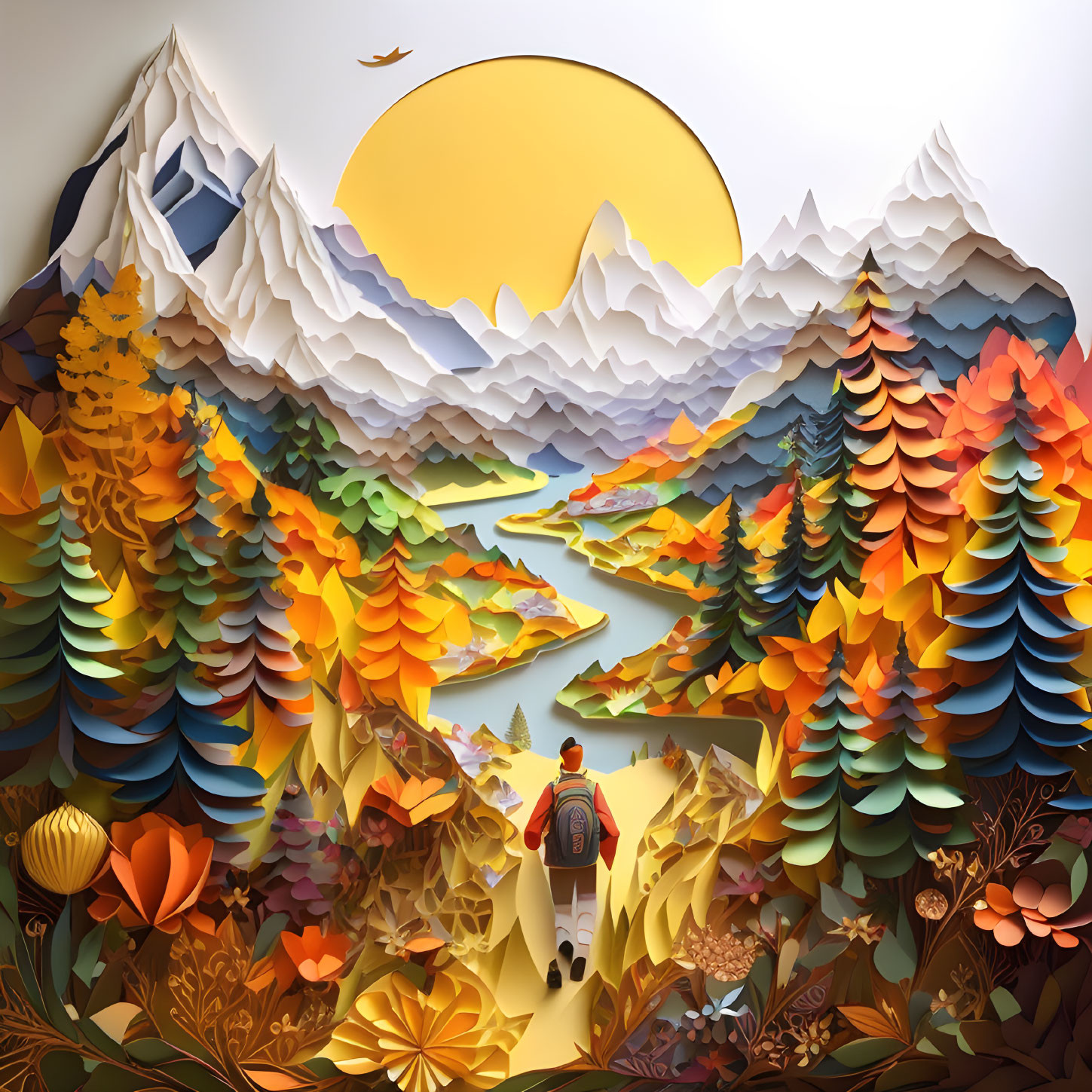 Hiker admiring vibrant paper art-style mountain scene