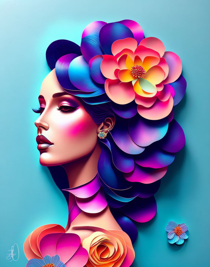 Colorful woman portrait with floral hair and makeup on teal background