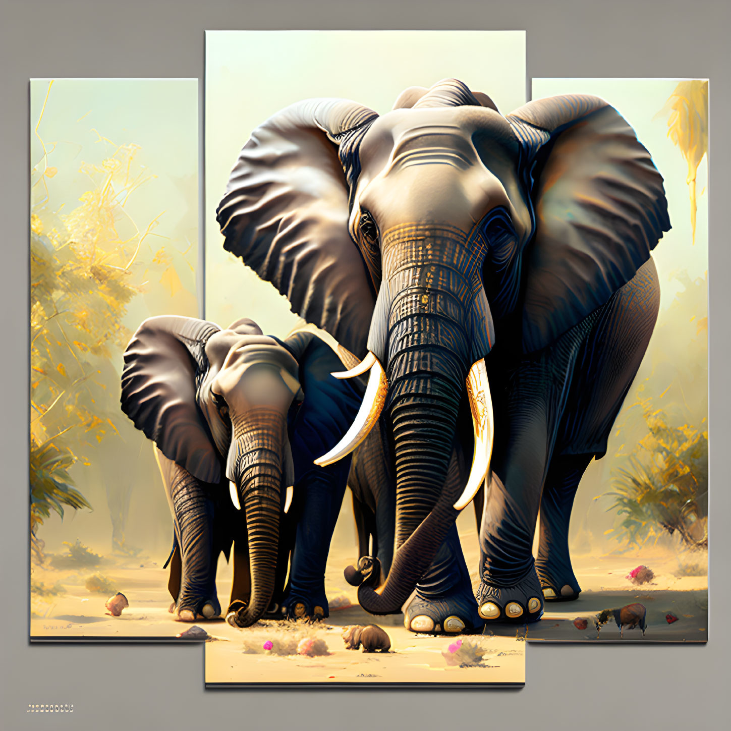 Adult and calf elephant walking in surreal, layered artwork with amber-toned background