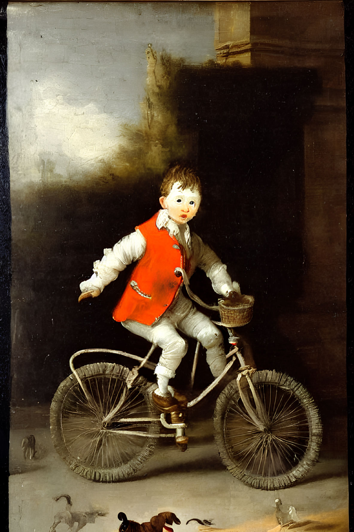 Young child on tricycle with chickens and cat in a painting