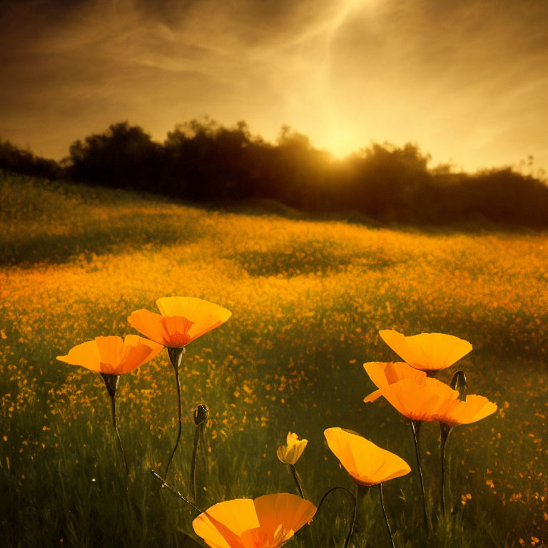 Vibrant orange poppies in golden sunlight at dusk or dawn