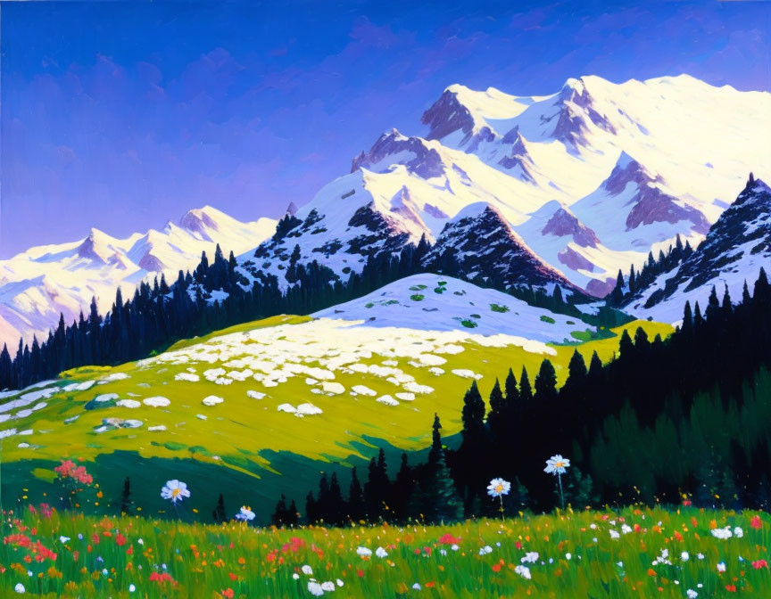 Scenic painting of green meadow, white flowers, mountains, blue sky