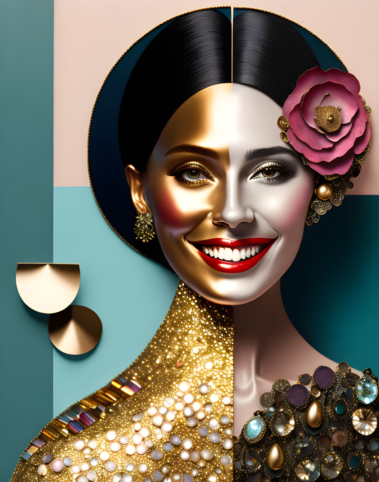 Split-face design portrait of a smiling woman in gold outfit with floral earring