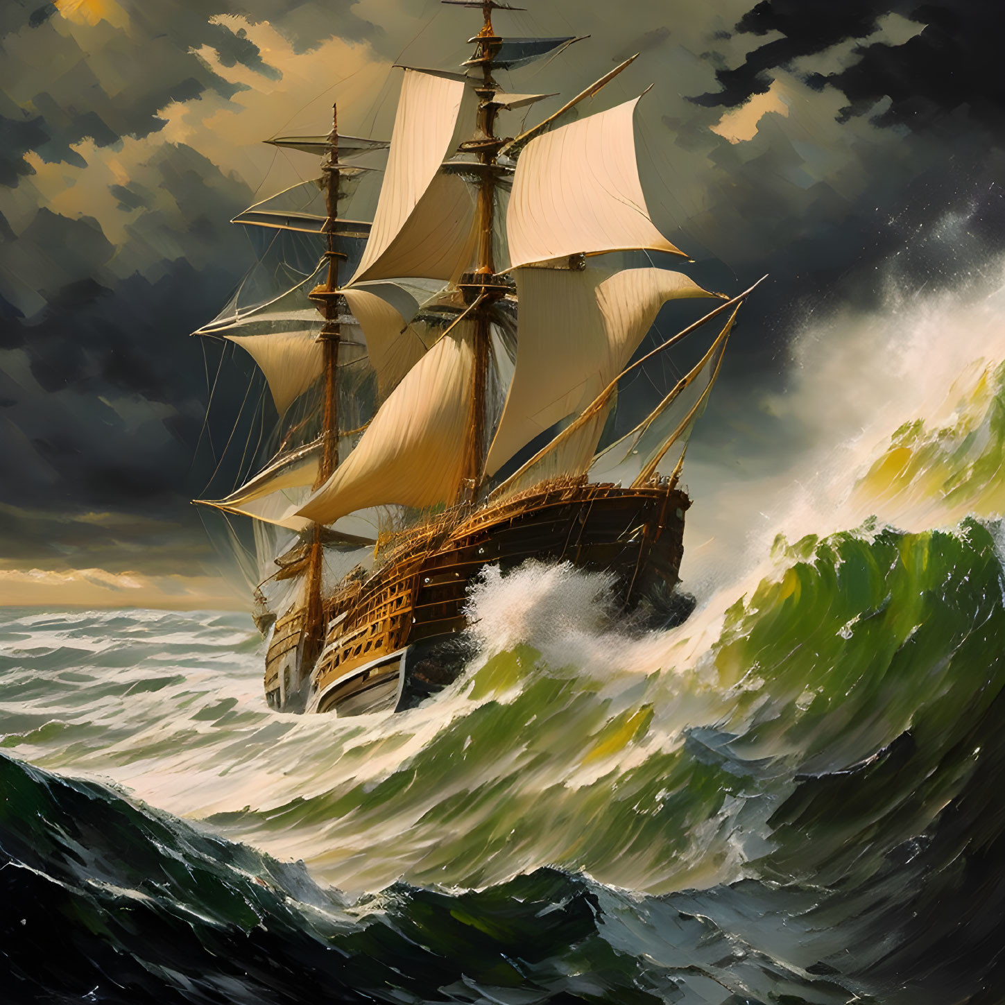Majestic sailing ship navigating stormy seas