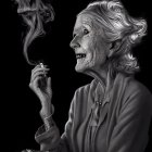 Elderly woman holding smoking object with skull smoke in black and white