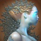 Surreal female figure with sunflower hair in profile view