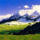 Scenic painting of green meadow, white flowers, mountains, blue sky