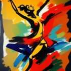 Colorful Abstract Painting of Dancer in Flowing Dress on Dark Background