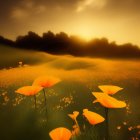 Vibrant orange poppies in golden sunlight at dusk or dawn